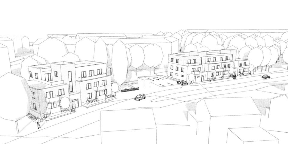 Flerbostadshus utmed Sågverksgatan. Svartvit llustration